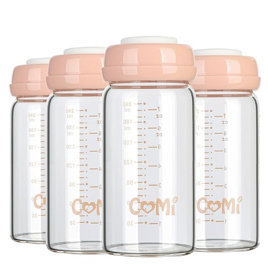 COMI Wide Neck Glass Breastmilk Collection n Storage Bottle, 8oz with Screw Ring Sealing Disk; Re-markable Sealing Disc. BPA Free, Fits Breast Pumps & Nipples (4 Pink Lids)-CubbioJoy
