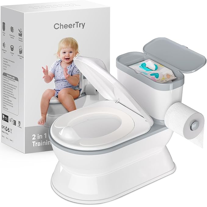 2-in-1 Toddler Potty Training Toilet - Larger Potty Chair & Detachable Training Seat for Boys & Girls Ages 1-3 with Flushing Sound, Wipes Storage, Toilet Paper Holder - Grey-CubbioJoy