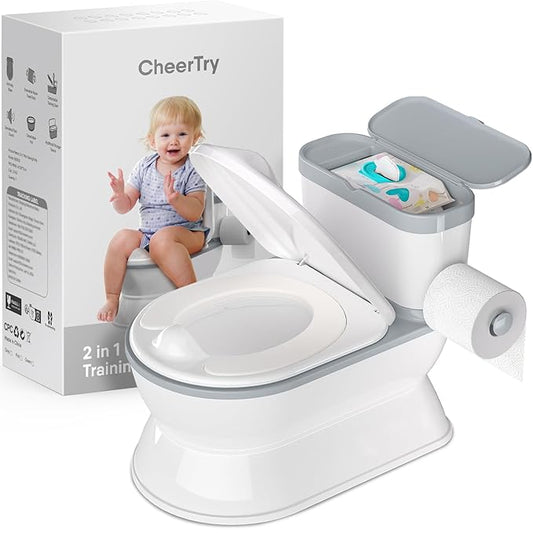 2-in-1 Toddler Potty Training Toilet - Larger Potty Chair & Detachable Training Seat for Boys & Girls Ages 1-3 with Flushing Sound, Wipes Storage, Toilet Paper Holder - Grey-CubbioJoy