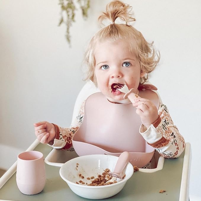 Ali+Oli Spoon & Fork Learning Set for Toddlers (Powder Pink) 6m+ Grab Easy BPA Free Food-Grade Silicone Handle, Kids Silverware Self Feeding Baby Utensil, Multi-stage Baby Feeding Set Ergonomic Design-CubbioJoy