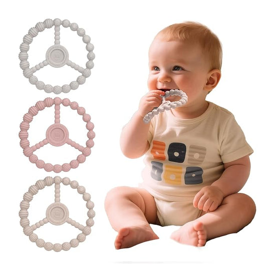 3 Pack Baby Teething Toys 3-6 Months, Silicone Ring Teethers for Babies 6-12 Months, Freezer Safe Chew Toy with Textured Grip for Boys Girls Teething Relief, Infant Easter Gift (Sandy Rose Pink)-CubbioJoy