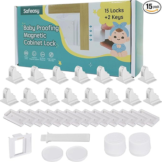 15 Pack Magnetic Cabinet Locks Baby Proofing - Safeasy Child Safety Latches for Cabinets, Drawers & Cupboards - Quick-Adhesive Installation (15 Locks + 2 Keys)-CubbioJoy