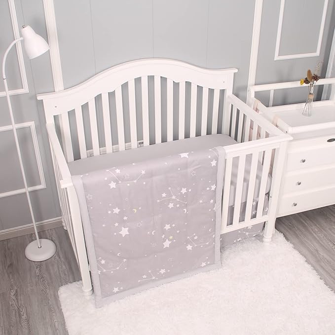 Belsden 3 Piece Crib Bedding Set for Baby Boys Girls, Classic Nursery Bedding Essential Including Comforter, Crib Sheet and Crib Skirt, Ultra Soft Cozy, Star Light Grey-CubbioJoy