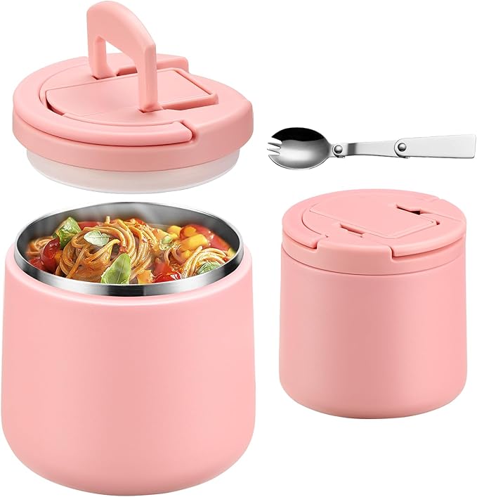 20oz Insulated Vacuum Food Jar with Buckle Lid,Soup Thermo for Hot Food Kids,Wide Mouth Leakproof Stainless Steel Lunch Container with Spoon-Pink-CubbioJoy