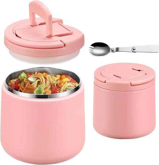 20oz Insulated Vacuum Food Jar with Buckle Lid,Soup Thermo for Hot Food Kids,Wide Mouth Leakproof Stainless Steel Lunch Container with Spoon-Pink-CubbioJoy