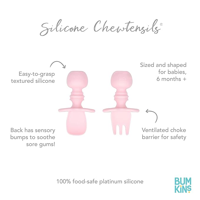 Bumkins Baby Utensils Set, Chewtensils Silicone Spoons for Dipping, Self-Feeding, Baby Led Weaning, Trainer Learning, First Stage Eating, Soft Practice Fork and Spoon, Babies 6 Months, Pink-CubbioJoy