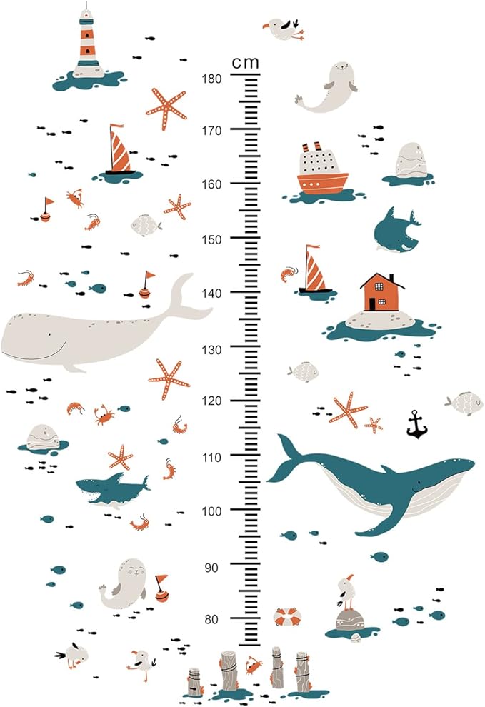3D Cartoon Height Growth Chart for Kids Wall Decal Removable DIY Whale Ocean Animal Wall Decal Peel and Stick Sailing House Art Decor for Kids Nursery Bedroom Living Room Bathroom Decor-CubbioJoy