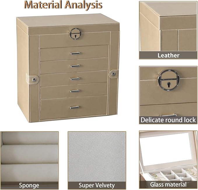 BOOVO Jewelry Box For women, 6 Layer Large Jewelry Organizer With Mirror, Multi-Function Storage Box With Lock, Accessory Holder With 5 Drawers, For Earrings Necklace Ring Bracelet (Pale gold)-CubbioJoy