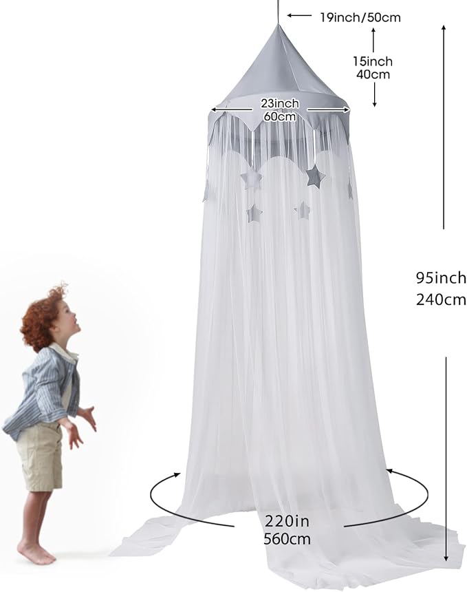 Canopy for Kids Bed with Stars, Crib Canopy with Dome, Elegant Net Hanging Fairy Girl Bed Canopy Princess Room Decoration Reading Nook Corner Curtain Fits Full Crib, Twin, Queen Play Castle Tent-CubbioJoy