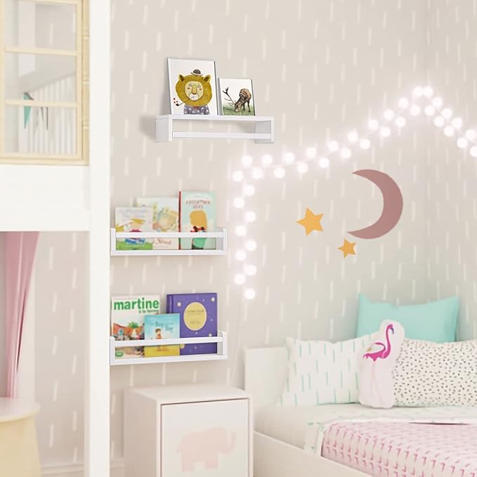 AZSKY Floating Bookshelf for Kids Room White Nursery Shelves Picture Ledge Wall Shelves for Bathroom Decor Kitchen Spice Rack Book Shelf Photo Organizer for Baby Nursery Décor 16 Inch Set of 3-CubbioJoy