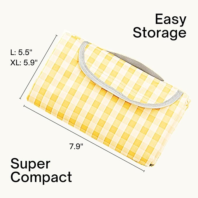 Cute Gingham Picnic Blanket, Waterproof Foldable, in Large 80x60in and Extra Large 80x80in, Portable Compact Beach Blanket, Oversized XL Outdoor Mat (Yellow, X-Large)-CubbioJoy