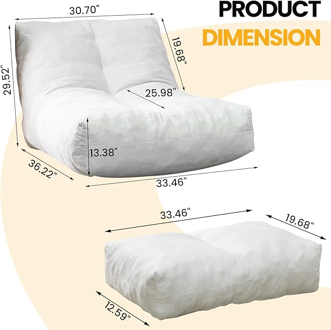 Bean Bag Chair with Ottoman, Comfy Bean Bag Sofa with Memory Foam, Lazy BeanBag Sofa with Footstool, Fireside Bean Bag Couch for Living Room, Bedroom, Apartment-CubbioJoy