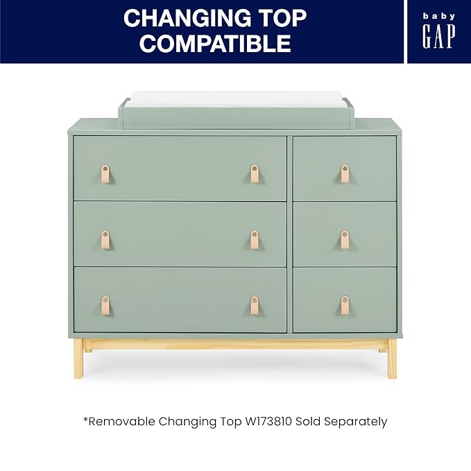 Delta Children babyGap Legacy 6 Drawer Dresser with Leather Pulls and Interlocking Drawers Greenguard Gold Certified, Sage Green w/Natural-CubbioJoy