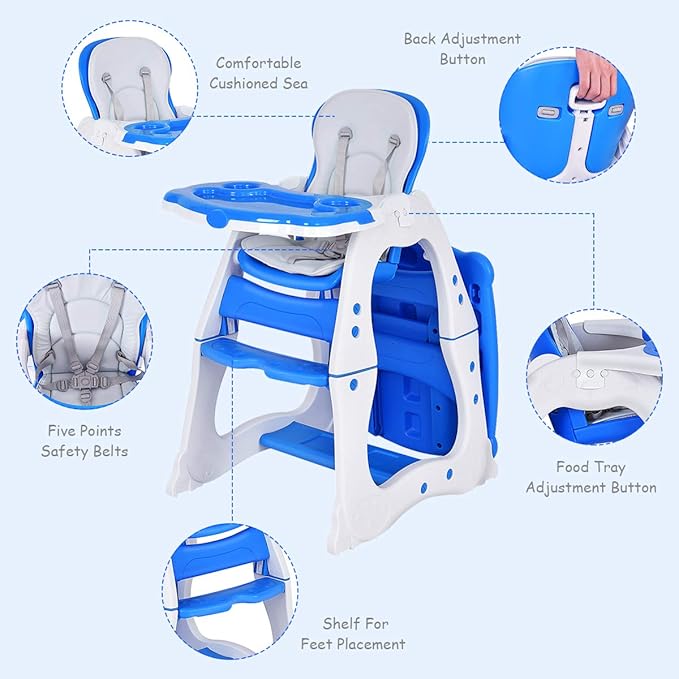Costzon Baby High Chair, 3 in 1 Infant Table and Chair Set, Convertible Booster Seat with 3-Position Adjustable Feeding Tray, Adjustable Seat Back, 5-Point Harness (Blue)-CubbioJoy