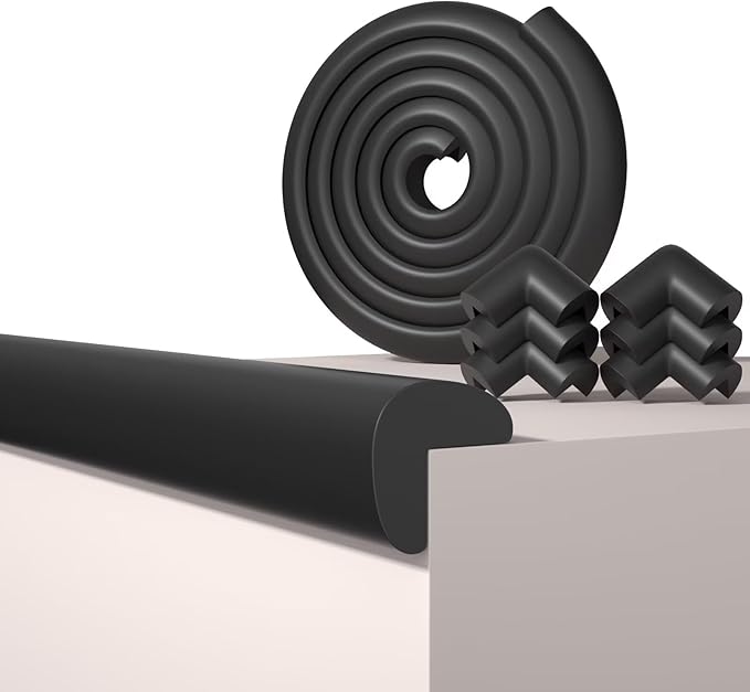 Baby Proof Edge Corner Protector, 6.56FT 0.47''Th L-Shape Furniture Corner & Edge Safety Bumpers with 6 Corners, Pre-Taped, Soft NBR Rubber Foam Desk Edge Cushion Wall Corner Protector（Black）-CubbioJoy