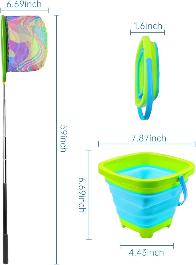 2PCS Fishing Net with Bucket, Telescopic Fishing Landing Net, Collapsible Kids Sand Bucket, Kids Fish Butterfly Catching for Freshwater Saltwater Outdoor Activities-CubbioJoy