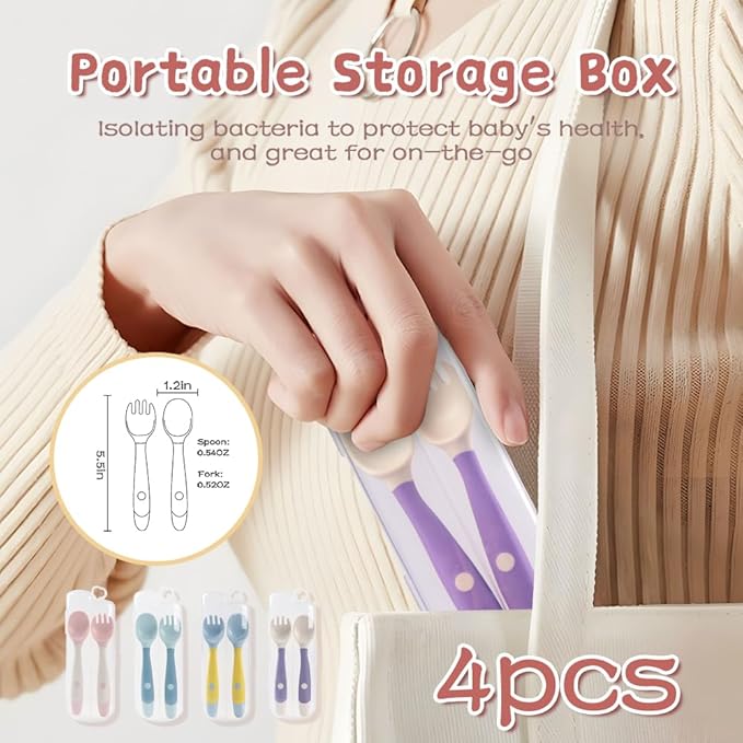 Baby Utensils Spoons and Forks Set Bendable Self-Feeding Silverware for Toddler Children with Travel Case Gum Friendly Food Grade (4 Set)-CubbioJoy