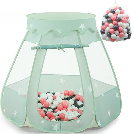 Baby Ball Pit for Toddler with 150 Balls, Kids Pop Up Play Tent for Girls, Princess Toys for Children Indoor & Outdoor Playhouse with Carry Bag (Celadon: Pink/White/Gray, 109x90cm/150 Balls)-CubbioJoy