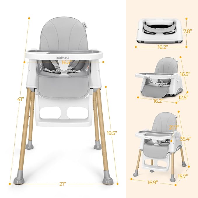 3 in 1 High Chairs for Babies and Toddlers, Convertible High Chair, High Chair with Foot Rest and Double Tray, Easy to Clean, Compact and Versatile, Perfect for Growing Kids, Gray-CubbioJoy