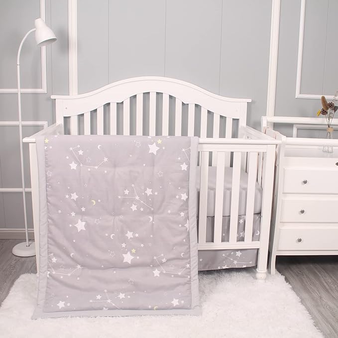 Belsden 3 Piece Crib Bedding Set for Baby Boys Girls, Classic Nursery Bedding Essential Including Comforter, Crib Sheet and Crib Skirt, Ultra Soft Cozy, Star Light Grey-CubbioJoy