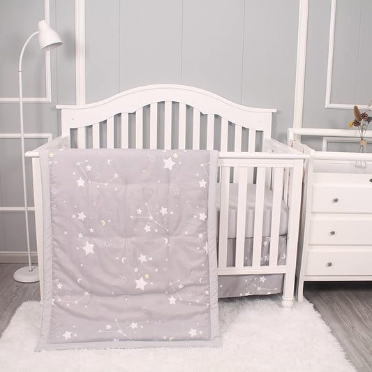 Belsden 3 Piece Crib Bedding Set for Baby Boys Girls, Classic Nursery Bedding Essential Including Comforter, Crib Sheet and Crib Skirt, Ultra Soft Cozy, Star Light Grey-CubbioJoy