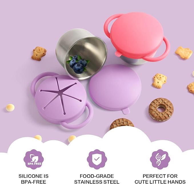 2 Pack Snack Cups for Toddlers Spill Proof - Detachable Stainless Steel Toddler Snack Cups with Silicone Lids & Handles - Dishwasher Safe Baby Snack Containers for Mess-Free Snacking (Red and Purple)-CubbioJoy
