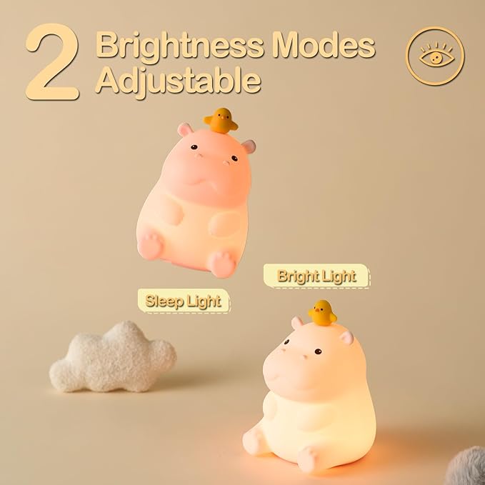 ATSUI Hippo Night Light, LED Squishy Novelty Animal Lamp, Food Grade Silicone, 2 Level Dimmable, Nursery Nightlight for Desk Decor, Funny Gifts Stuff for Boys Girls Baby, White Elephant Gifts-CubbioJoy