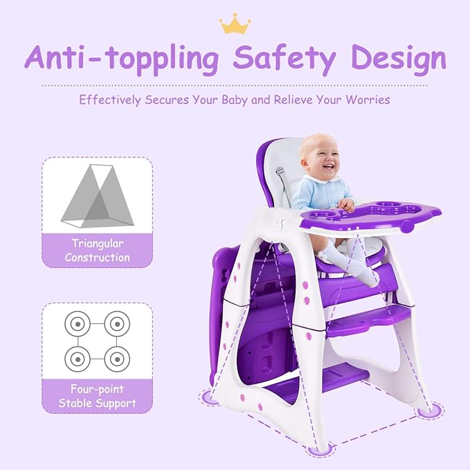 Costzon Baby High Chair, 3 in 1 Infant Table and Chair Set, Convertible Booster Seat with 3-Position Adjustable Feeding Tray, Adjustable Seat Back, 5-Point Harness (Purple)-CubbioJoy