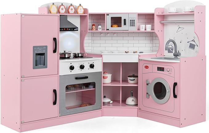 Costzon Corner Kids Kitchen Playset, Wooden Play Kitchen with Sounds & Lights, Washing Machine, Range Hood, Ice Maker, Microwave, Oven, Sink, Pretend Toy Kitchen Set for Toddler, Gift for Boys Girls-CubbioJoy