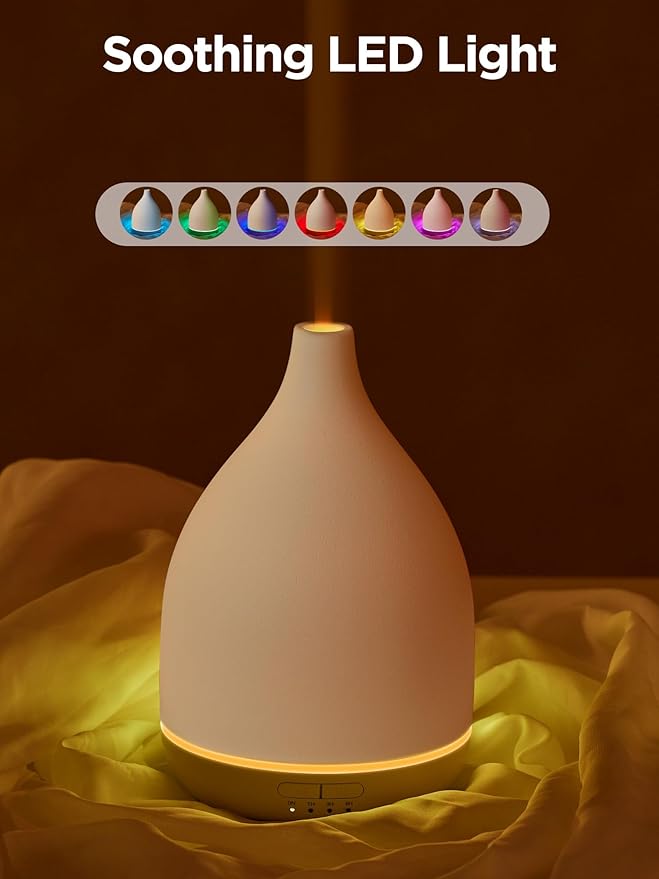 InnoGear Oil Diffuser, 300ML Ceramic Diffuser for Essential Oils Handcrafted Aromatherapy Diffuser Ultrasonic Cool Mist Humidifier with 4 Timers Waterless Auto Off for Room Office, White Base-CubbioJoy