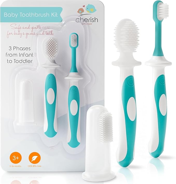 Cherish Baby Care Baby Toothbrush & Toddler Toothbrush Set (0-2 Years) - BPA-Free & Safety-Tested, 2023 Award Winner, Food-Grade Silicone (Teal)-CubbioJoy