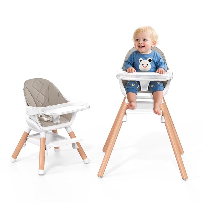 Baby High Chair, Highchair for Baby & Toddler, Easy Clean Infant Highchair, 6 in 1 Feeding High Chair with Removable Double Tray and Waterproof PU Cushion, Wooden Legs, Champagne-CubbioJoy