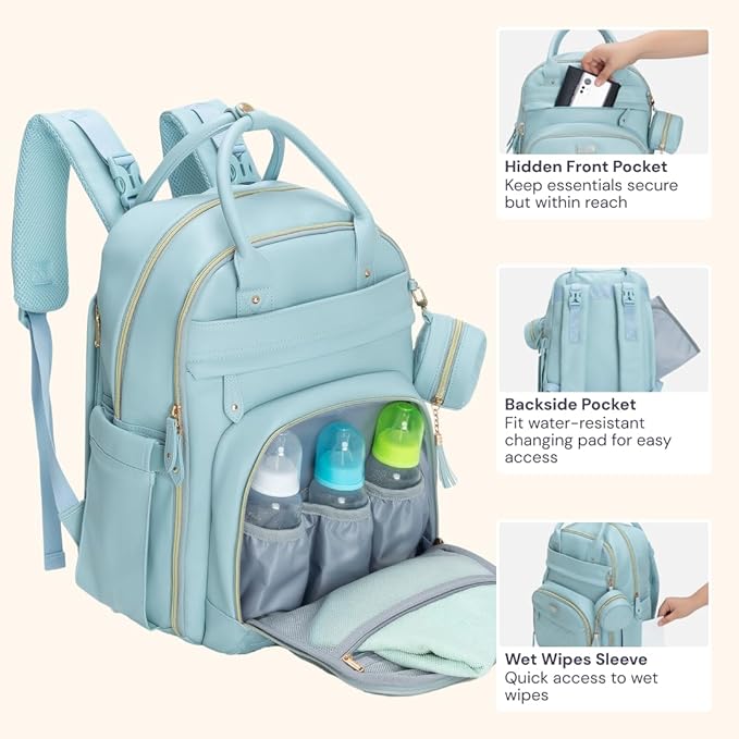 BabbleRoo Leather Diaper Bag Backpack - Baby Essentials Travel Baby Bag, Multi function, Waterproof, with Changing Pad, Stroller Straps & Pacifier Case – Unisex, Powder Blue-CubbioJoy