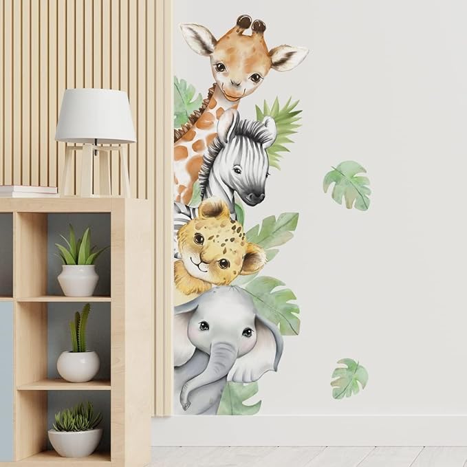 44.88 x 11.75 Inch Watercolor Jungle Animal Wall Decals - Forest Safari Elephant Lion Monkey Stickers for Baby Nursery, Playroom, Bedroom, Classroom, Kindergarten Decor-CubbioJoy