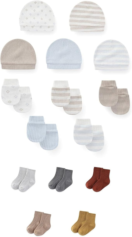 15 Pack Unisex New Born Boy Girls No Scratch Mittens Sets Cotton Soft Baby Gloves Hats socks Accessory 0-6 Months-CubbioJoy
