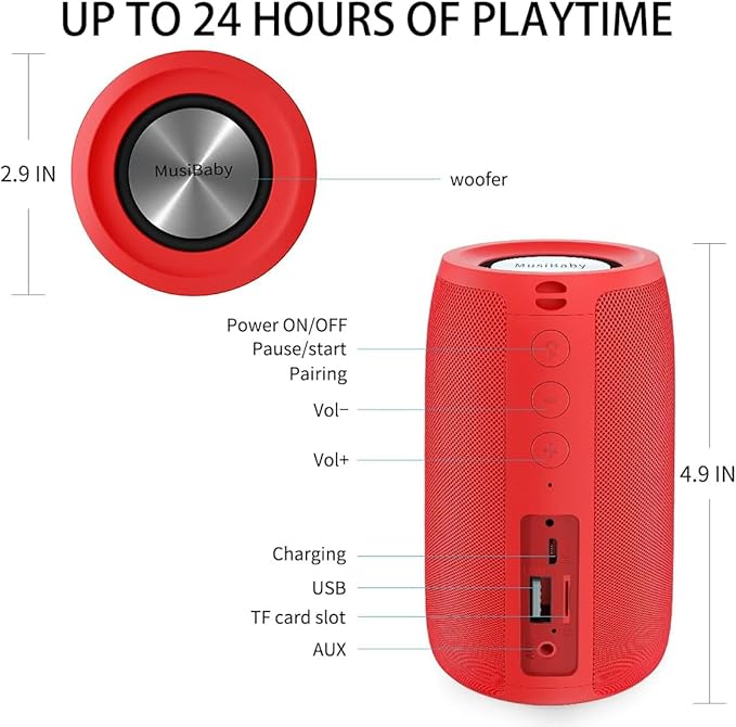 Bluetooth Speaker,MusiBaby Wireless,Outdoor, Waterproof,Portable Speaker,Dual Pairing, Bluetooth 5.0,Loud Stereo,Booming Bass,24H Playtime for Home&Party,Gifts(Pure Red)-CubbioJoy