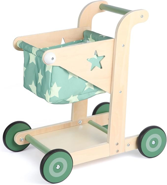 Asweets 2 in 1 Wooden Baby Walker Push and Pull Doll Stroller, Shopping Cart Learning Walker for Boys and Girls, Sit Stand Learning Toddler Toy (Green)-CubbioJoy