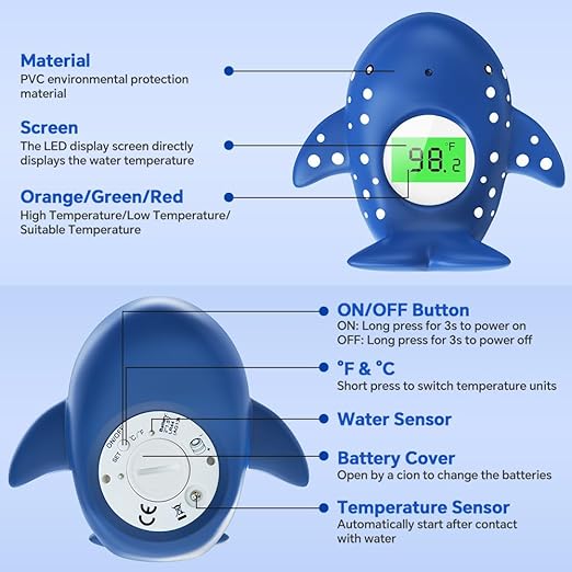 Baby Bath Thermometer, Infant Digital Water Thermometer Safety with 3 Color Backlit and Temperature Warning, Room Thermometers Floating Toy for Infant, Toddler, Bathtub, Swimming Pool (Navy Blue)-CubbioJoy