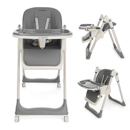 3-in-1 Foldable High Chair for Babies & Toddlers – Adjustable Height, Reclining Seat, 5-Point Safety Harness, Removable Tray, Lockable Wheels, Washable Cushion – Portable & Easy Clean, Grey-CubbioJoy