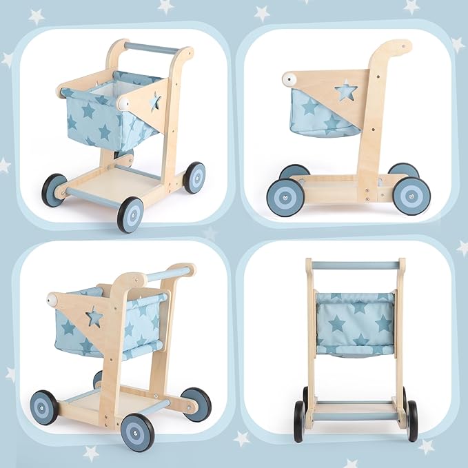 Asweets 2 in 1 Wooden Baby Walker Push and Pull Doll Stroller, Shopping Cart Learning Walker for Boys and Girls, Sit Stand Learning Toddler Toy (Blue)-CubbioJoy