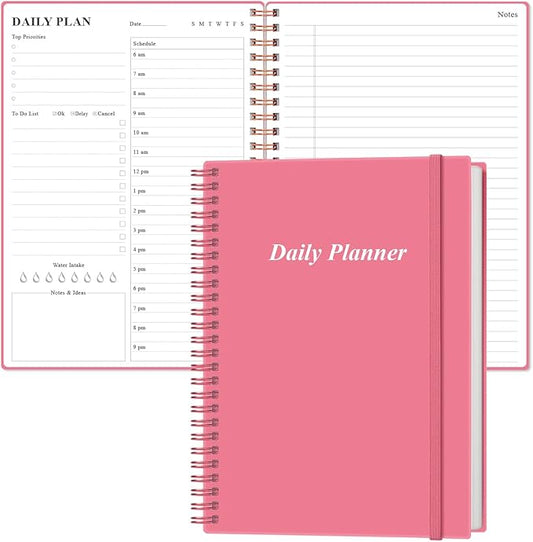 Daily Planner Undated - B5 To Do List Notebook Hourly Schedules, Spiral Appointment Planner for Women and Men, PVC Hardcover, Inner Pocket, Elastic Closure, 7" x 10", Pink-CubbioJoy
