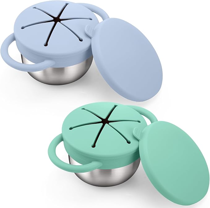 BUSOHA 2 Pack Stainless Steel Toddler Snack Cups - 9 OZ Spill-Proof Baby Snack Containers with Silicone Catcher and Lid Travel Snack Containers for Kids Food Grade Silicone Dishwasher Safe-CubbioJoy
