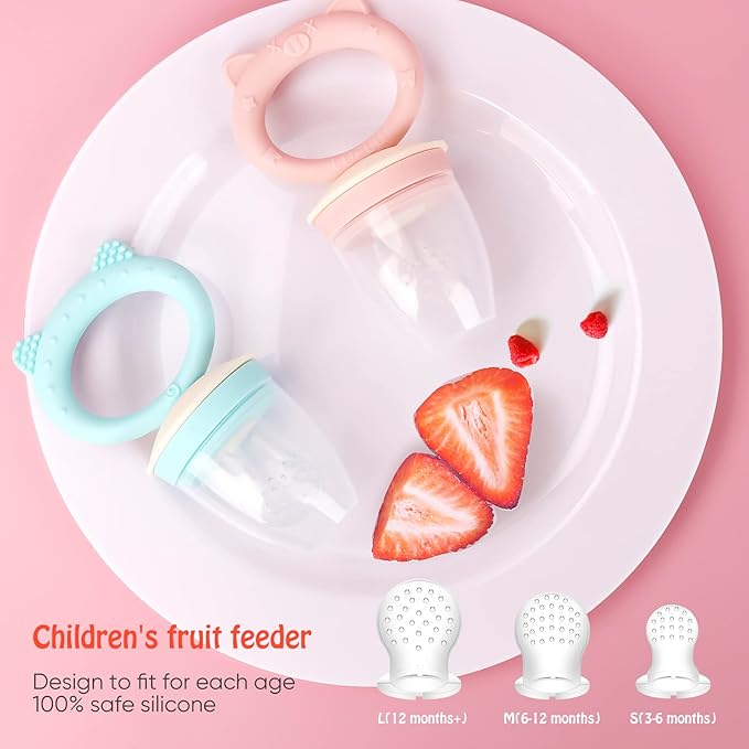 Baby Solids/Frozen Fruit Feeder Pacifier, Infant Teether Toy 4M+, BPA-Free Silicone Pouch & Nipple, Safely Introduce Solids, Teething Relief, 2-Pack (Pig Lulu - Blue Pink, S/M/L)-CubbioJoy