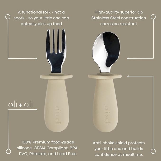 Ali+Oli Spoon & Fork Learning Set for Toddlers (Khaki) 6m+ Grab Easy BPA Free Food-Grade Silicone Handle, Kids Silverware Self Feeding Baby Utensils, Multi-stage Baby Feeding Set Ergonomic Design-CubbioJoy