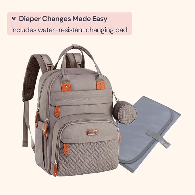 BabbleRoo Diaper Bag Backpack - Baby Essentials Travel Tote - Multi Function Waterproof Diaper Bag, Travel Essentials Baby Bag with Changing Pad, Stroller Straps & Pacifier Case - Unisex, Khaki-CubbioJoy