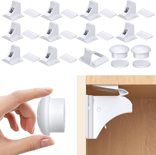 Child Safety Magnetic Cabinet Locks, AOSITE 10 Pack+2 Keys Baby Proofing Magnetic Drawer Locks for Kitchen with Adhesive No Drilling or Screws Fixed, Baby Safety Cabinet Locks-CubbioJoy