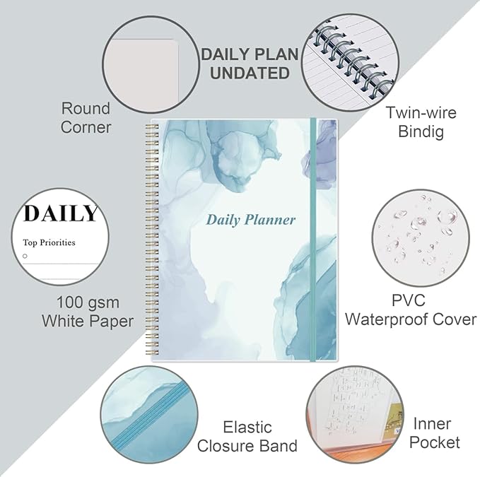 Daily Planner Undated - 8.5" x 11" To Do List Notebook Hourly Schedules, 150 Sheets/300 Pages Spiral Appointment Planner for Women and Men ,PVC Hardcover, Inner Pocket, Elastic Closure, Blue-CubbioJoy