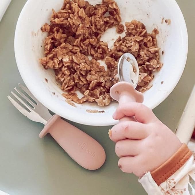 Ali+Oli Spoon & Fork Learning Set for Toddlers (Powder Blue) 6m+ Grab Easy BPA Free Food-Grade Silicone Handle, Kids Silverware Self Feeding Baby Utensil, Multi-stage Baby Feeding Set Ergonomic Design-CubbioJoy