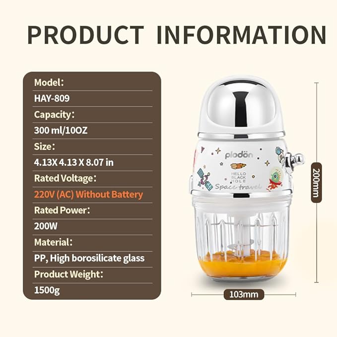 Baby Food Maker Mini Cute and Small Food Processor Puree Blender Grinder Chopper 1.2 Cup Glass Bowl with 6 Blade Electric (Spaceman-White(One Bowl))-CubbioJoy