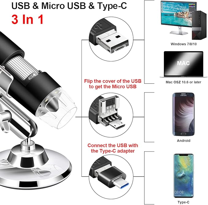 Digital USB Microscope Camera, 40X to 1000X, with Metal Stand & Carrying Case, Compatible with Android, Windows, Linux, Mac, Portable for Kids, Students, Adults-CubbioJoy